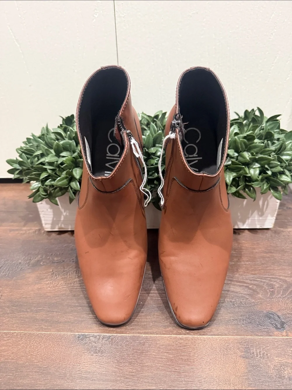 Calvin Klein Men's Brown Leather Beck Ankle Boots - Classic Zip Side Size 8 NWT